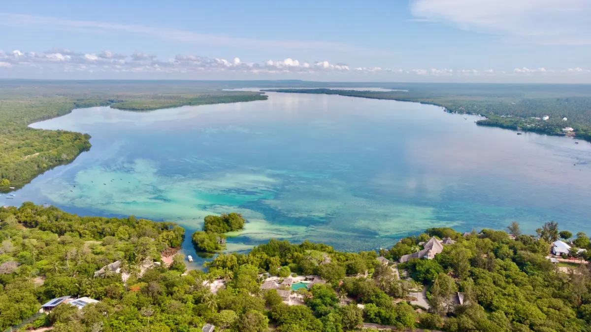 Aerial view across the Mida Creek lagoon, mangroves and the ecolodge set among the trees