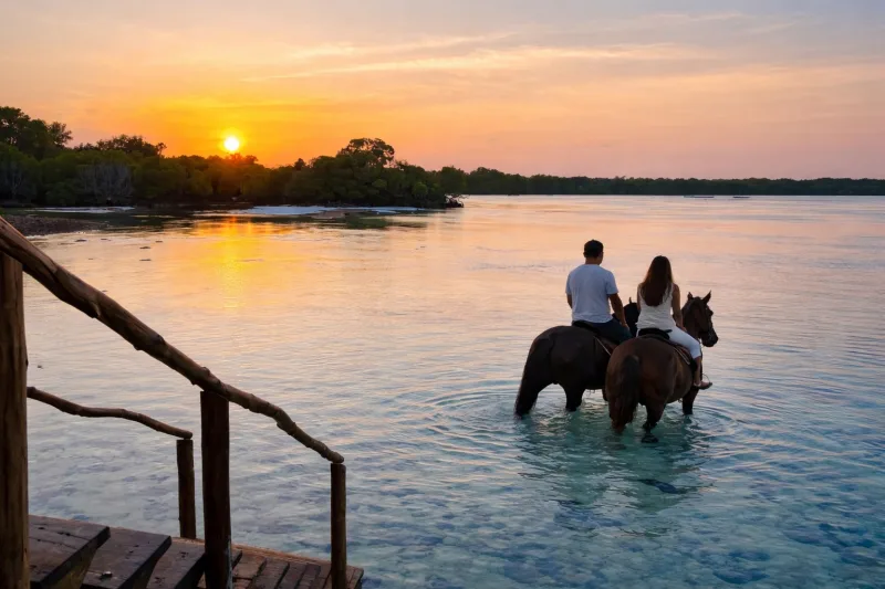 Two riders out in the shallow water of Mida Creek at sunset, seen from the jetty
