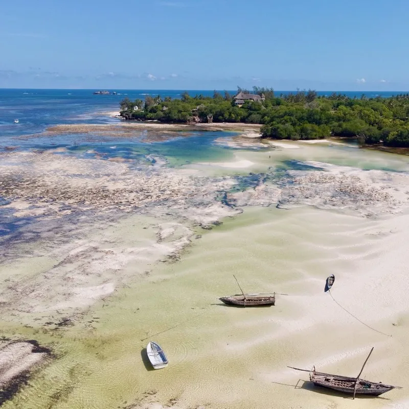 White-sand beach at low tide